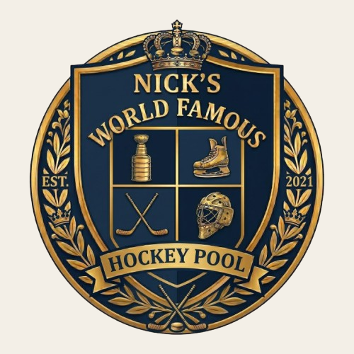 Nick’s World Famous Hockey Pool official logo, established 2021. Gold crest on a blue background featuring a hockey skate, goalie mask, and championship trophy.