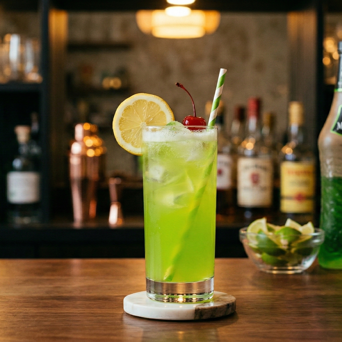 A vibrant, neon green Tokyo Team cocktail in a tall highball glass, garnished with a fresh lemon wheel and a maraschino cherry.