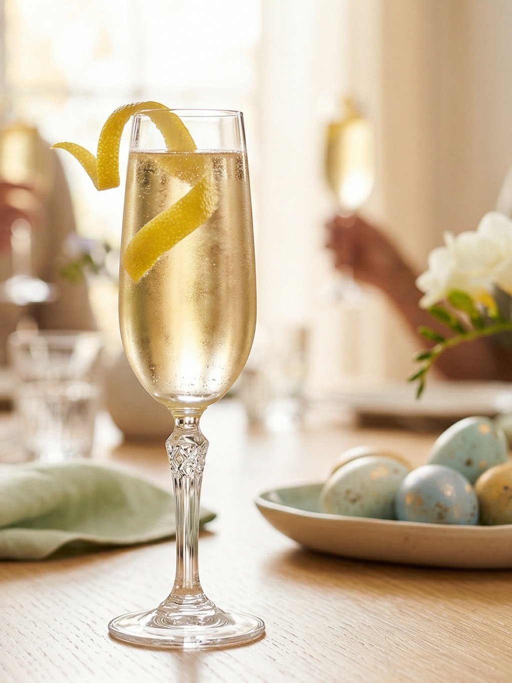 A sparkling French 75 cocktail in a champagne flute with a lemon twist on an Easter brunch table with pastel eggs