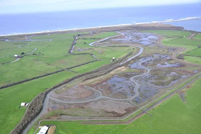 Aerial view of the Riverside Ranch, immediately after completion of the Phase 1 excavation and construction, South Slough is in the foreground.