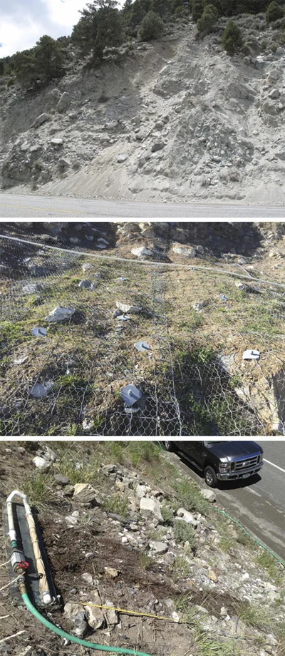From top, photos courtesy Michael Hogan: A very steep and otherwise challenging slope to stabilize — tufa and old volcanic ash with a pH level of 8.3. The same slope after implementation, looking straight up, shows visible progress in vegetation establishment. Monitoring at Lee Vining to see what’s working. 