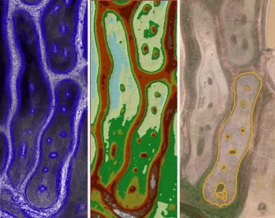 A vernal pool reference site at the Elsie Gridley Mitigation Bank in Solano County. The right pane shows the drone-captured aerial photo. The center pane shows an elevation heat map based off of a digital surface model (DSM) created from the drone aerial photographs. Low elevations are shown in blue and green while higher elevations are shown in red. The left pane shows topographic contours in ¼-foot intervals that were derived from the DSM. This model will be used to analyze pool depth and compare that to hydroperiod and vegetation communities; the resulting information will then be used to design restored vernal pools with specific parameters based off these reference pools. Photo courtesy Airphrame.