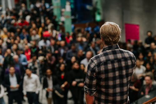 Tim pitches to the crowd at Launch Party 9 - October, 2018.
