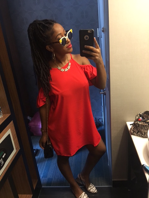 I purchased this dress from a overseas retailer - Zaful.com my shoes were fabulously THRIFTED for $6, glasses $5 and purse thrifted for $5- GOODWILL