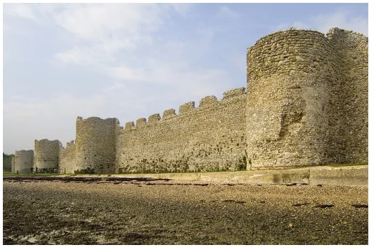 Surviving Roman fortifications at Portchester, a coastal fort originally built in the later 3rd century. The regular Roman garrison was probably withdrawn c.AD407