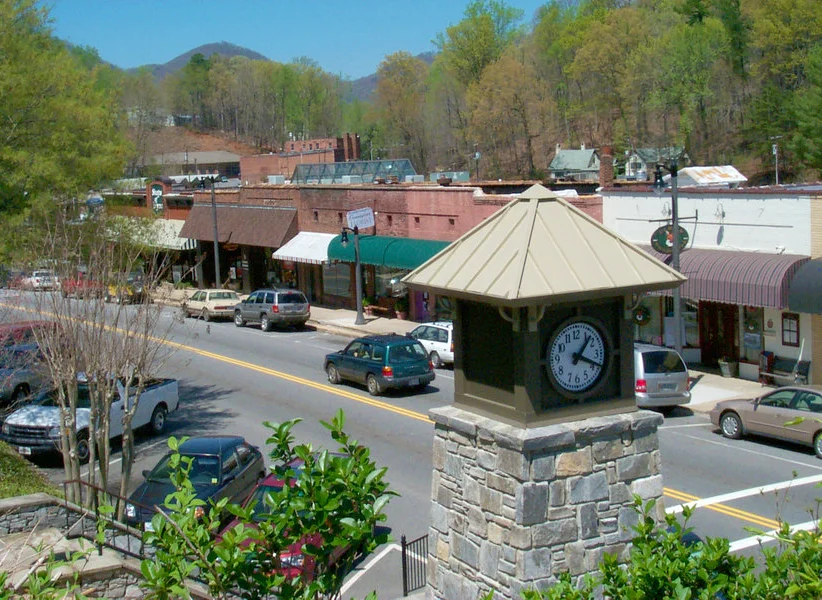 Downtown Tryon, with its historic clock and numerous specialty shops.