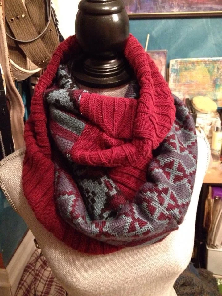 Two tone infinity scarf made with up cycled sweaters