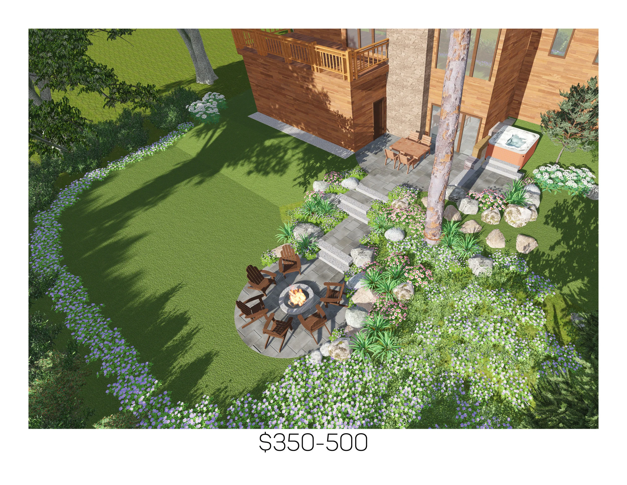 Rear landscapeOverview 3D rendering of patio layout, strairs down to fire pit, location of spa.