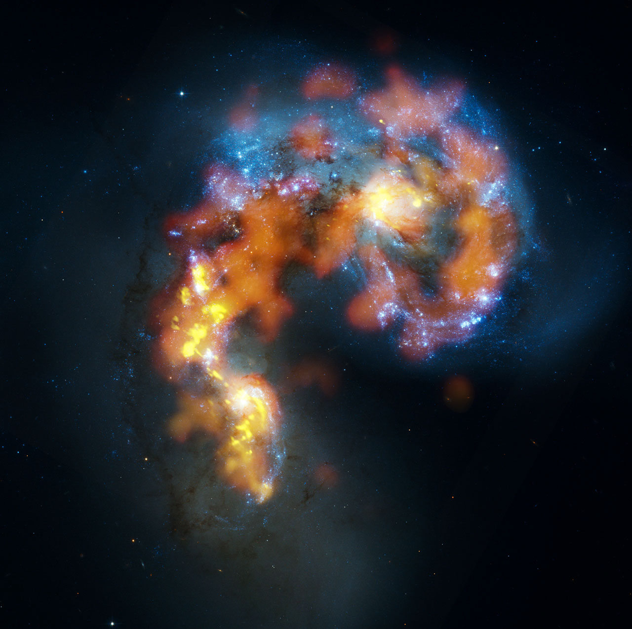 While you can’t see dark matter with your eyes, its mass helps in the formation of galaxies. B. Saxton, (NRAO/AUI/NSF), ALMA (ESO/NAOJ/NRAO). Visible light image: the NASA/ESA Hubble Space Telescope (CC BY 4.0)