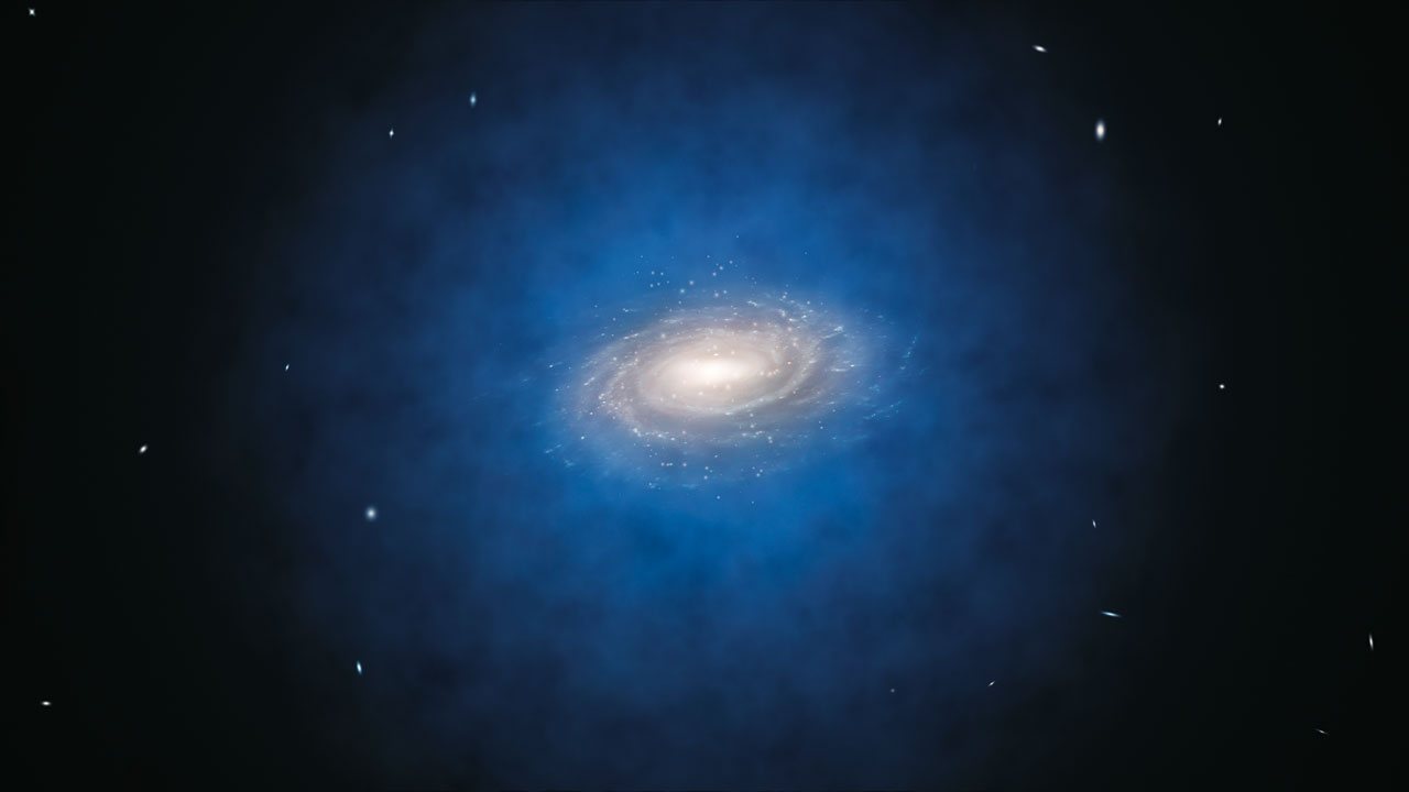 This artist’s impression shows the Milky Way galaxy. The blue halo of material surrounding the galaxy indicates the expected distribution of the mysterious dark matter. ESO/L. Calçada (CC BY 4.0)