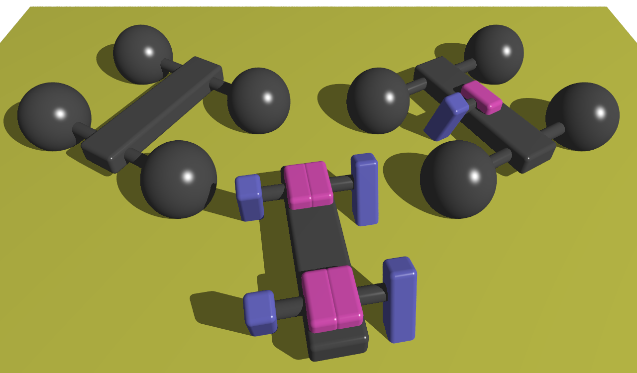 The non-functional nanocar developed by James Tour (back left), a single-engine nanocar, where the engine is embedded in the chassis (back right), and the functional nanocar where the round wheels have been replaced with four rotational engines (front). Image provided by author.