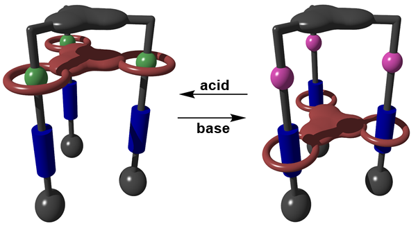 The shuttling of the molecular elevator platform (red) between two stations (blue and green/pink) on addition of acid and base. Image provided by author.