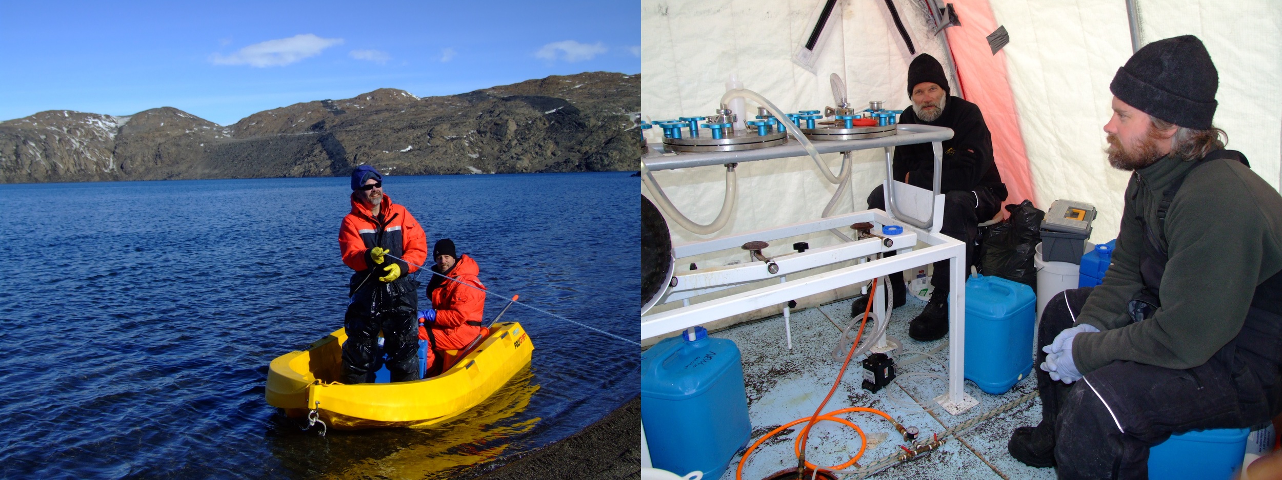 After taking samples from Deep Lake (left), the water undergoes filtration (right) prior to metagenomic analysis back in Sydney. Photos from 2008 expedition. Ricardo Cavicchioli (used with permission)