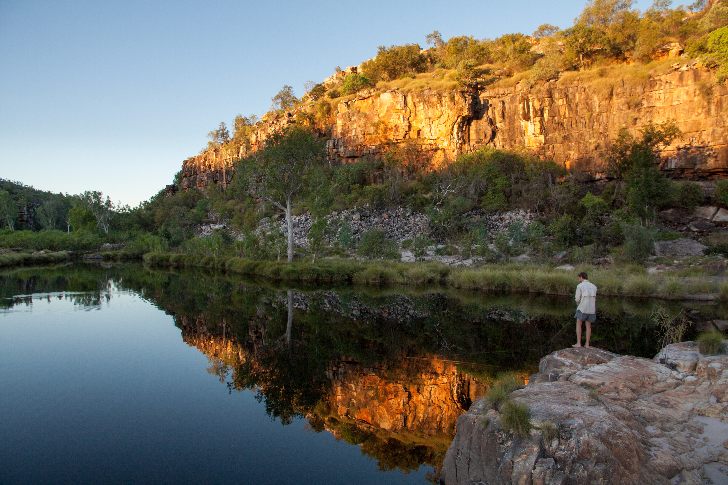 Aquatic ecologist James Shelley fishes for new species in the remote Kimberley. © Matt Le Feuvre.