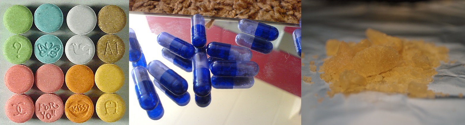 Three forms of the psychedelic drug MDMA, also known as ecstasy. Drug Enforcement Administration/Wikimedia Commons (public domain); T to the A/Wikimedia Commons (CC BY-SA 3.0); Thawt Hawthje/Wikimedia Commons (CC BY 2.0) 
