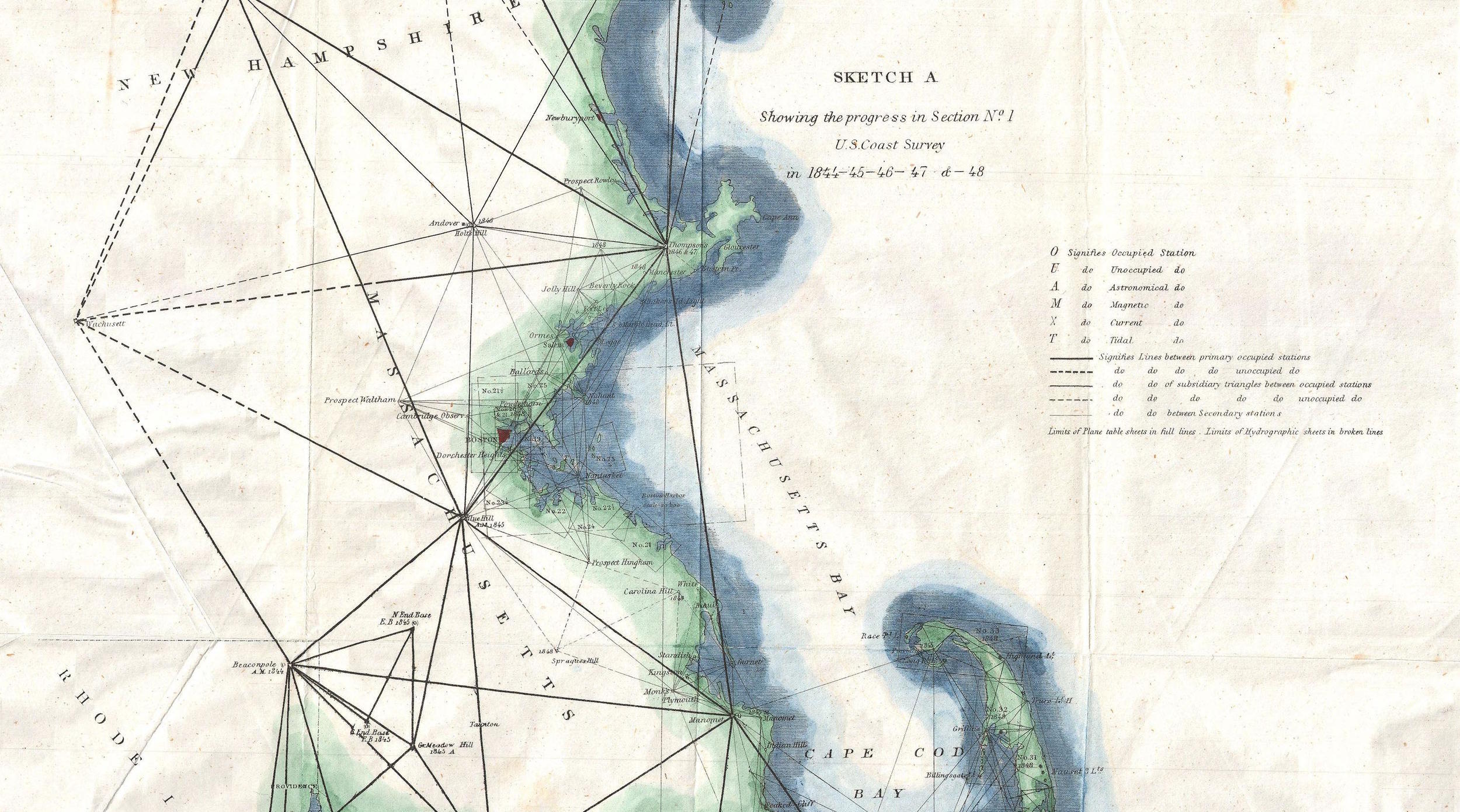 This map of New England, USA, shows the use of the triangulation method, which determines distances overland using the angles of giant imaginary triangles and the location of known points as a guide. NOAA/Wikimedia Commons (public domain)
