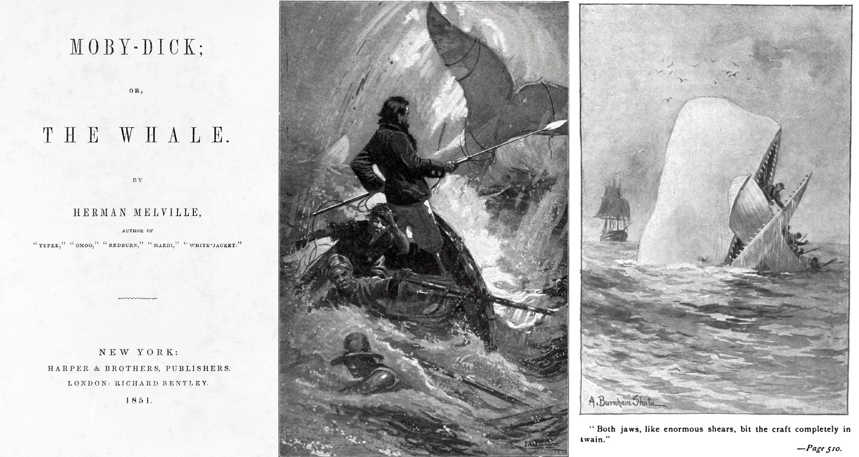 Melville's 1851 novel Moby-Dick is perhaps the most celebrated depiction of whales in literature . Harper & Brothers/Wikimedia Commons ; I.W. Taber/Wikimedia Commons ; A. Burnham Shute/Wikimedia Commons (public domain)