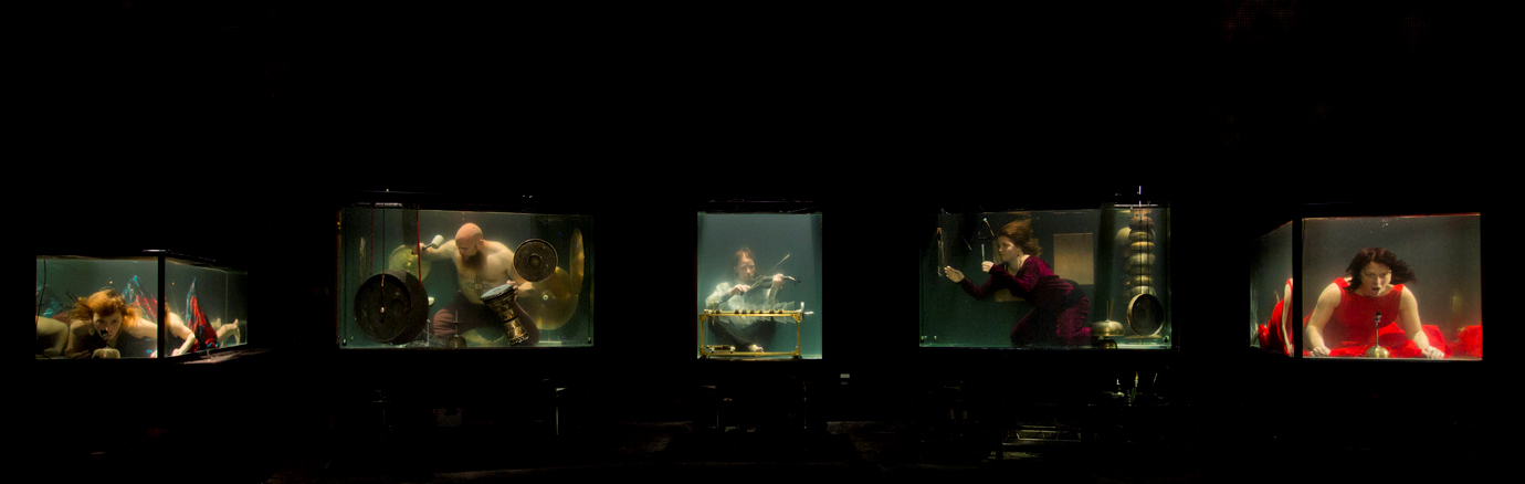 Between Music perform AquaSonic with custom instruments, entirely underwater. Photography by Jens Peter Engedal for Between Music's AquaSonic (used with artist's permission)