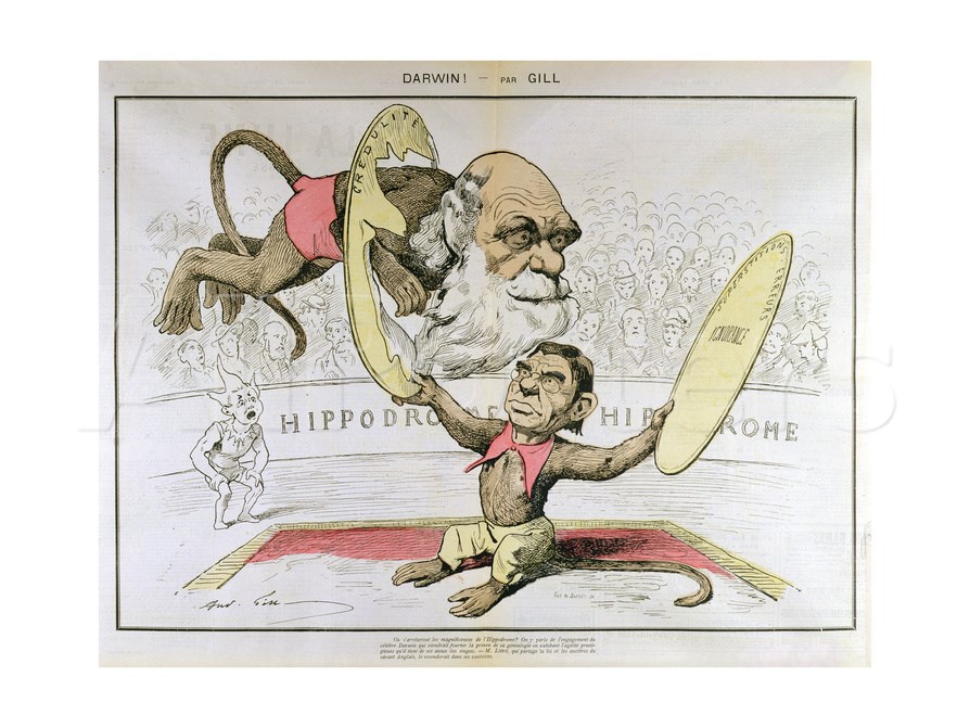 This rather positive caricature of Charles Darwin from 1878 shows him as a monkey breaking through "ignorance." La Lune Rousse/Wikimedia Commons (public domain)