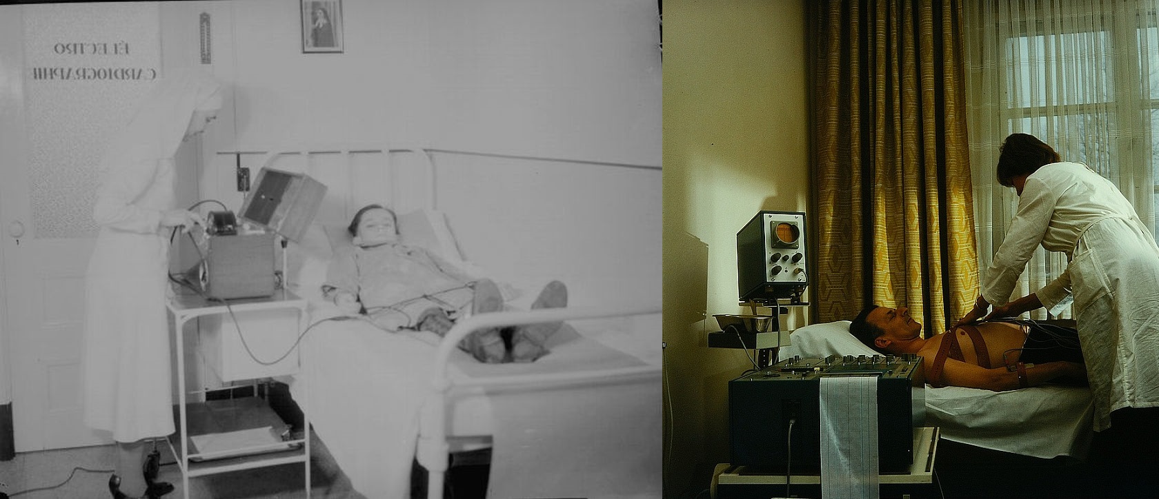 Electrocardiographs being used to record patient heart activity in 1946 (left) and 1980 (right). Conrad Poirier/Wikimedia Commons (public domain); Eugen Nosko/Wikimedia Commons (CC BY-SA 3.0)
