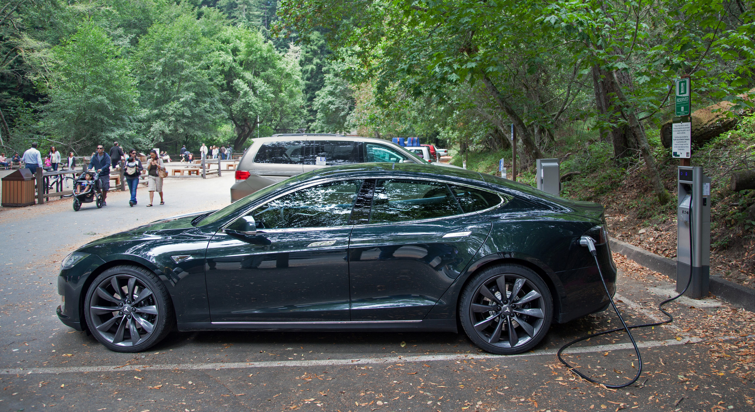 Electric cars such as the Tesla model S are only as good as their battery life, and nanomaterials have the potential to extend driving time on one charge. Wikimedia Commons (public domain)