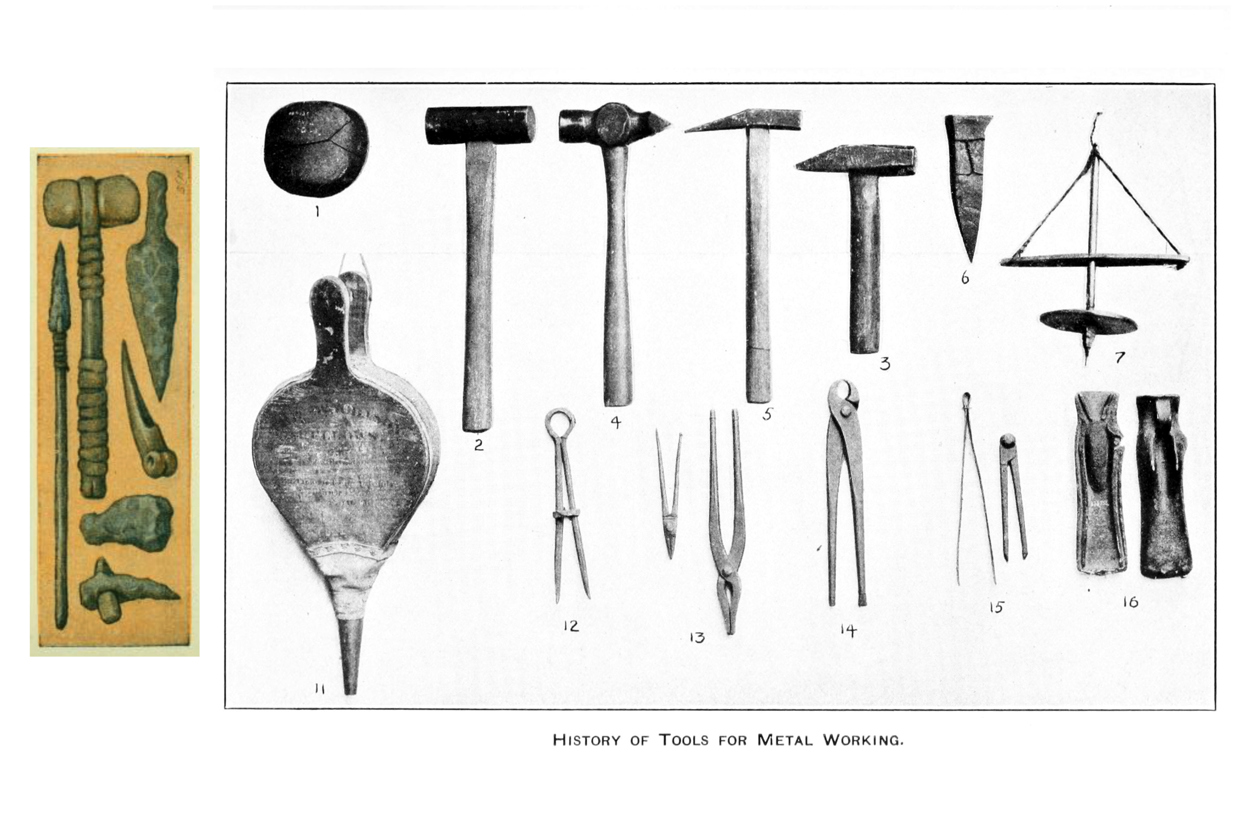 Tools from the Stone age (left) gave way to those required for metal work in the Bronze and Iron ages (above). Patrick Gray/Flickr (CC BY 2.0) and Wikimedia Commons (public domain)