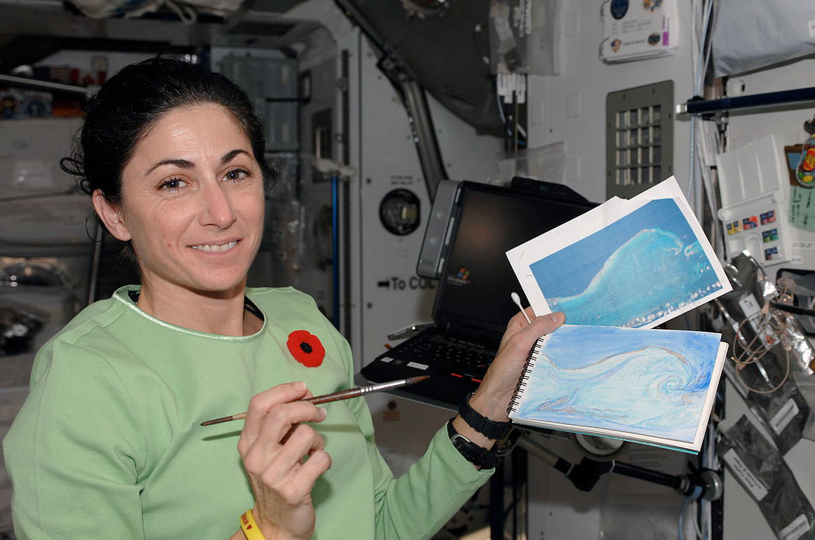 Astronaut Nicole Stott on board the International Space Station Expedition on October 21, 2009. Stott’s painting “The Wave”, is based on a photograph she took of Isla Los Roques, Venezuela, through the window of the Russian Service Module. Image courtesy of NASA (CC BY-NC 2.0)