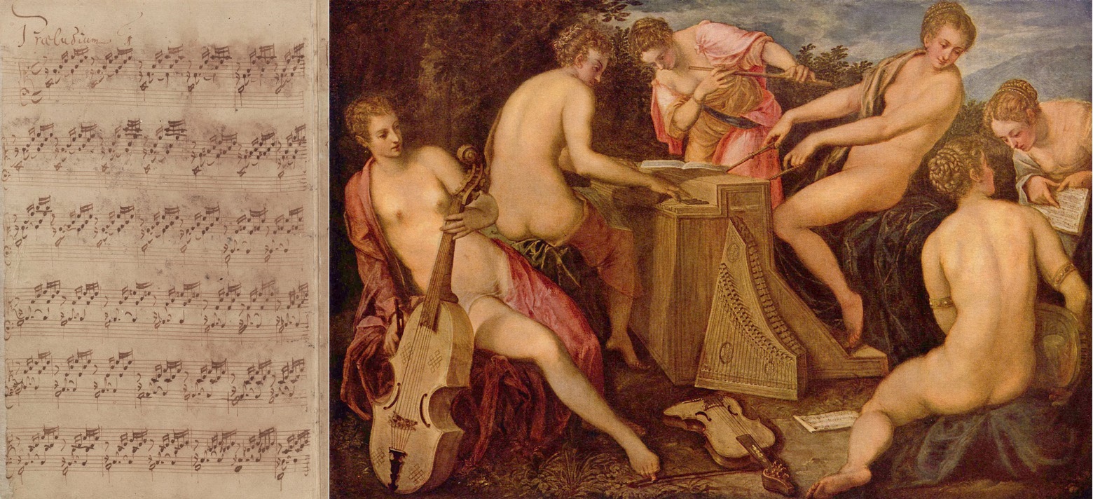Sheet music for the first prelude of Bach’s ‘The well-tempered clavier’ (left), showing the kinds of repetitions we find in musical sequences throughout history; 'Women Playing Music', by Jacopo Tintoretto, from the 16th century (right). Johann Sebastian Bach/Wikimedia Commons (public domain); The Yorck Project/Wikimedia Commons (public domain)