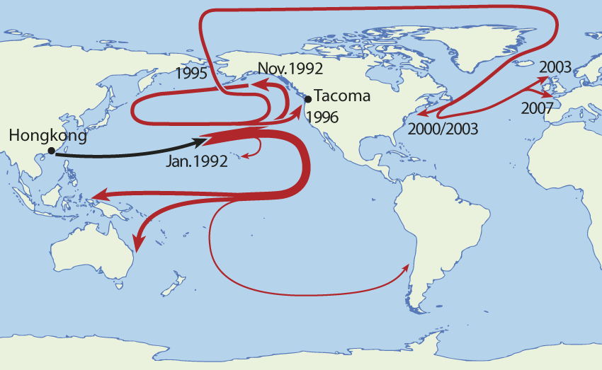The journey of the ‘friendly floatees,' up until 2007. NordNordWest /Wikimedia Commons (CC BY SA 3.0)