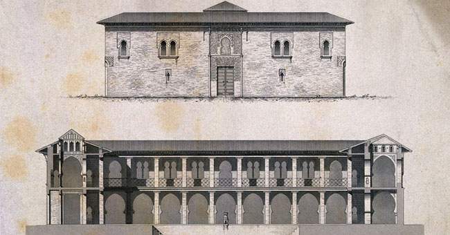 An architectural diagram of an Islamic hospital (bimaristan) in Granada, Spain. Bimaristans had high vaulted arches to let air flow through the wards. Wellcome Library/Wikimedia Commons (CC BY 2.5)