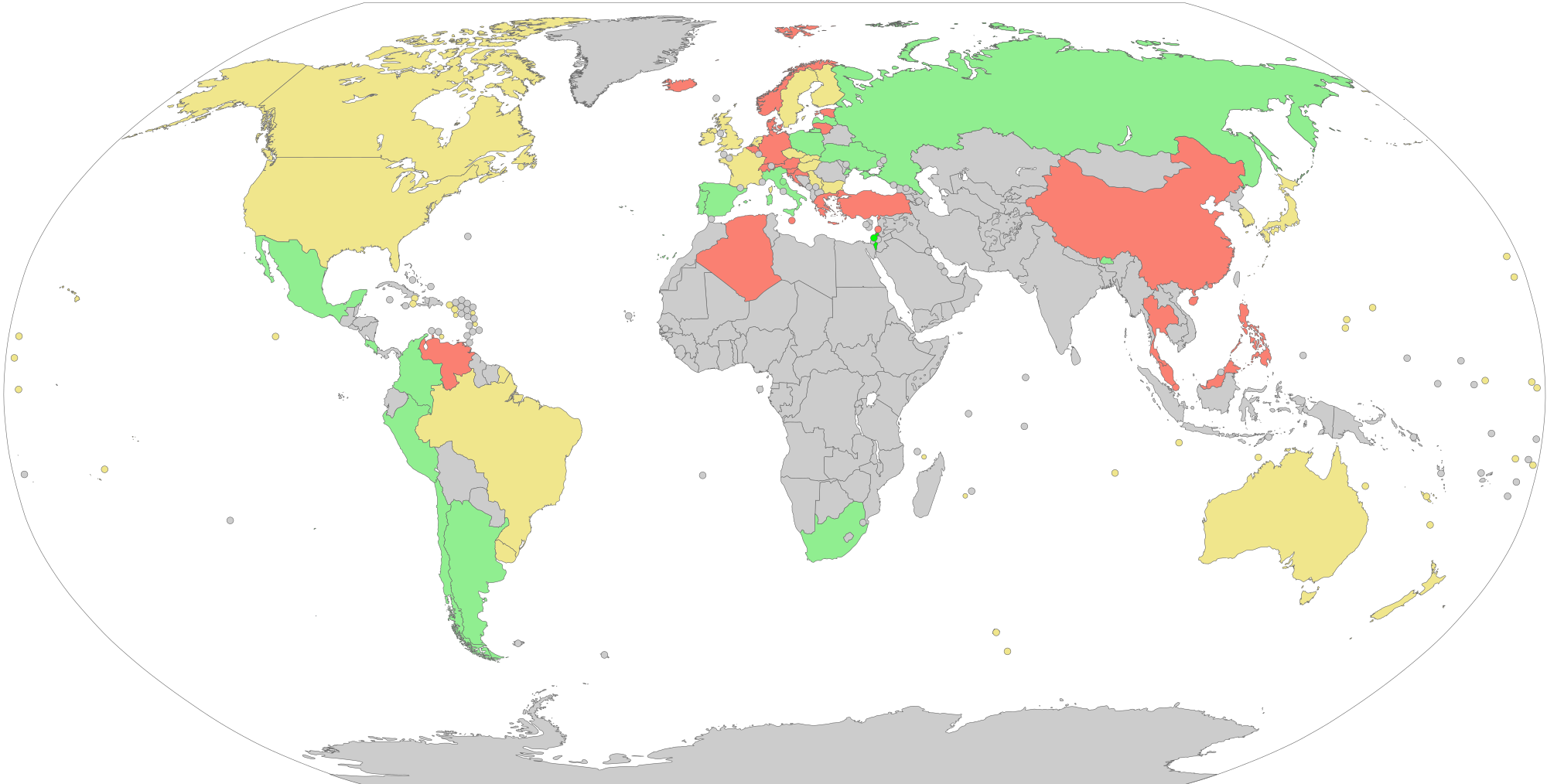 The current global policies on blood donation from men who have sex with men, as of 29 January 2017. The deferral policies range from no deferral (light green), no deferral except for blood transfusions (fluorescent green), temporary deferral (yellow) and permanent deferral (red). Rtheranikal /Wikimedia Commons (CC BY-SA 4.0) 