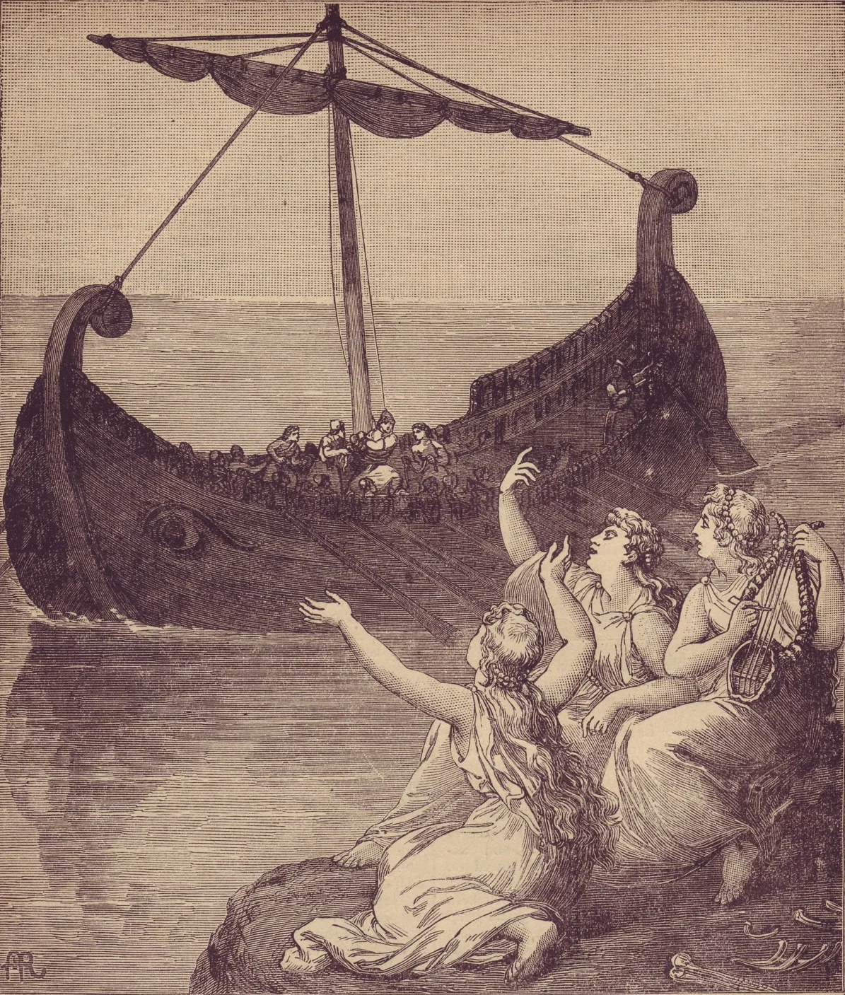 This woodcut etching (circa 1886) depicts the sirens calling to Odysseus and his crew. Wikimedia Commons (public domain)