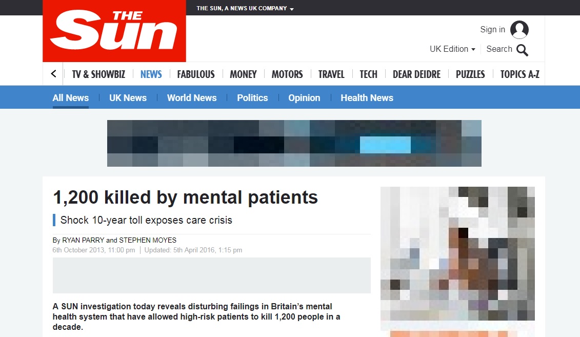 Articles that place mental illness and violence alongside each other perpetuate the idea that mentally ill people are dangerous and violent. © The Sun