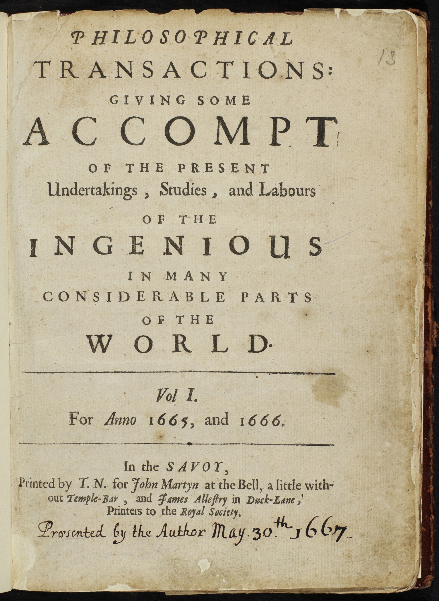 The title page of the first volume of Philosophical Transactions. Henry Oldenburg/Wikimedia Commons (CC BY 4.0)