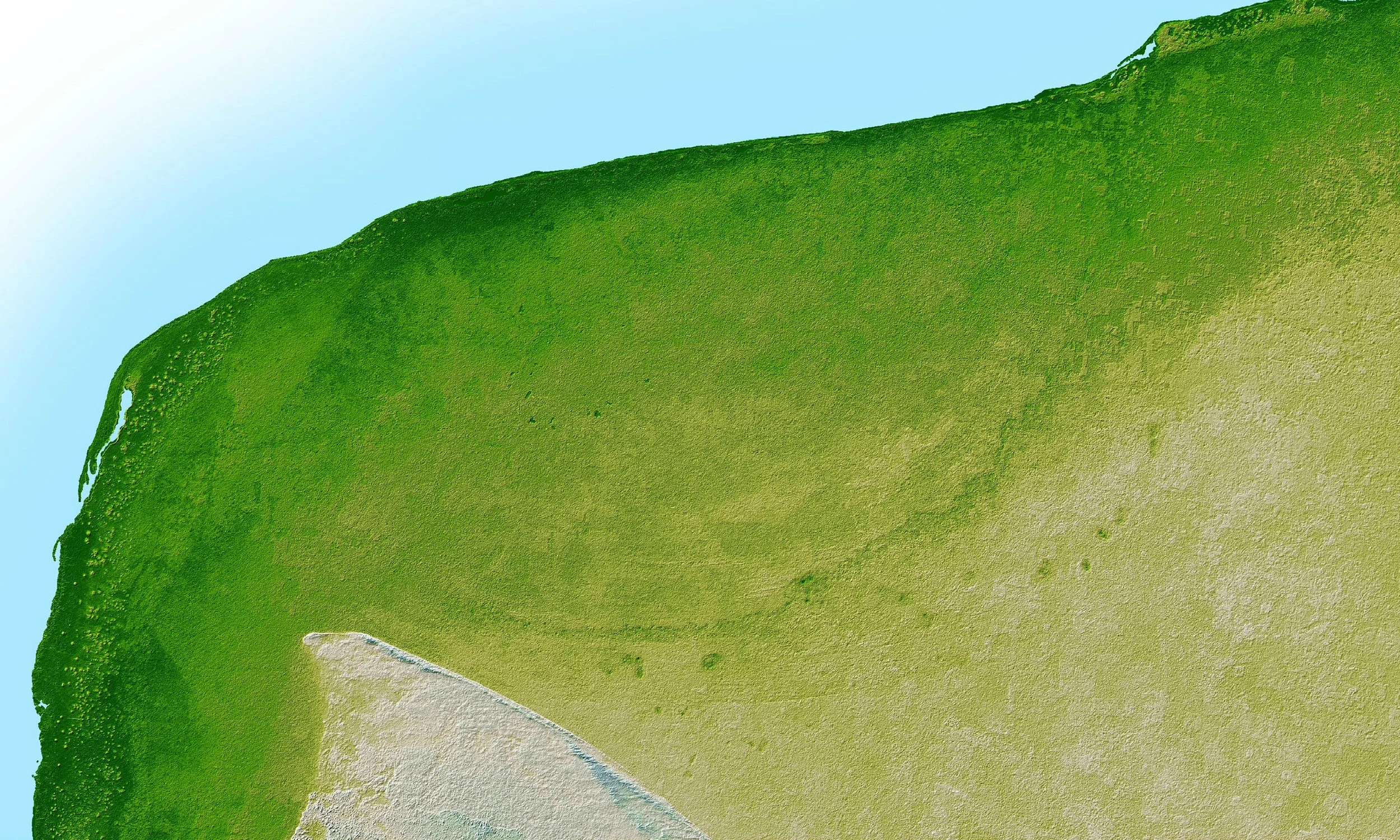 This satellite images shows a faint crescent-shaped scar from the impact crater on the Yucatán peninsula. Shuttle Radar Tomography Mission/Wikimedia Commons (public domain)