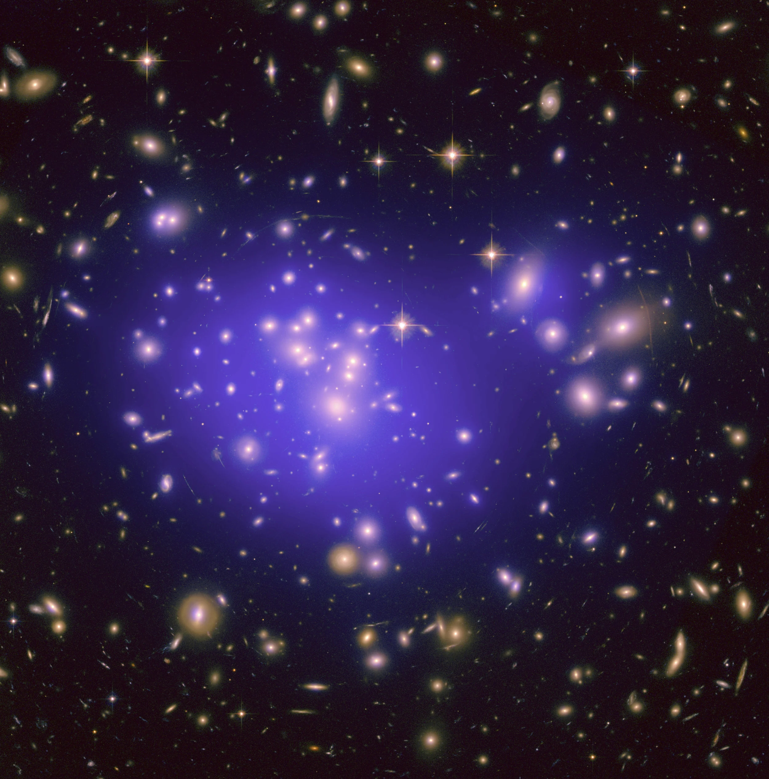 This Hubble image of the galaxy cluster Abell 1689 shows the probable distribution of dark matter overlaid in purple. NASA, ESA, E. Jullo (JPL/LAM), P. Natarajan (Yale) and J-P. Kneib (LAM)/Flickr (CC BY 2.0)