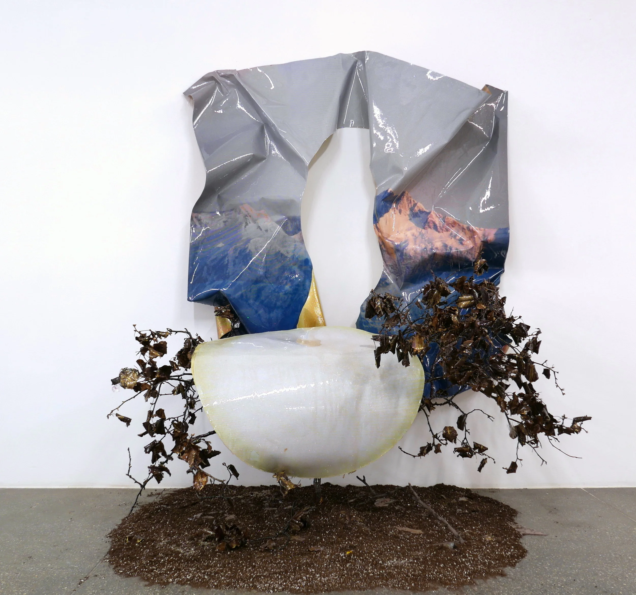   Closed Time-Like Curves,  2018   Epson UltraChrome Ink, Paper, Resin, Glitter, Dirt, Tree Branch 