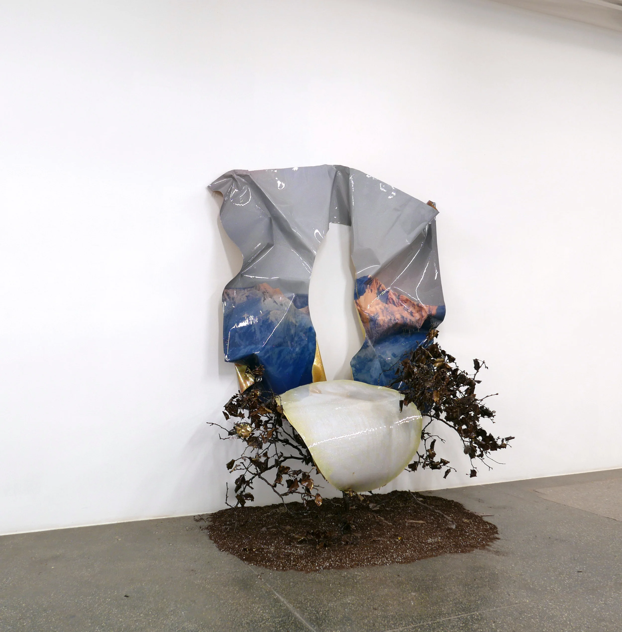   Closed Time-Like Curves,  2018  Epson UltraChrome Ink, Paper, Resin, Glitter, Dirt, Tree Branch 