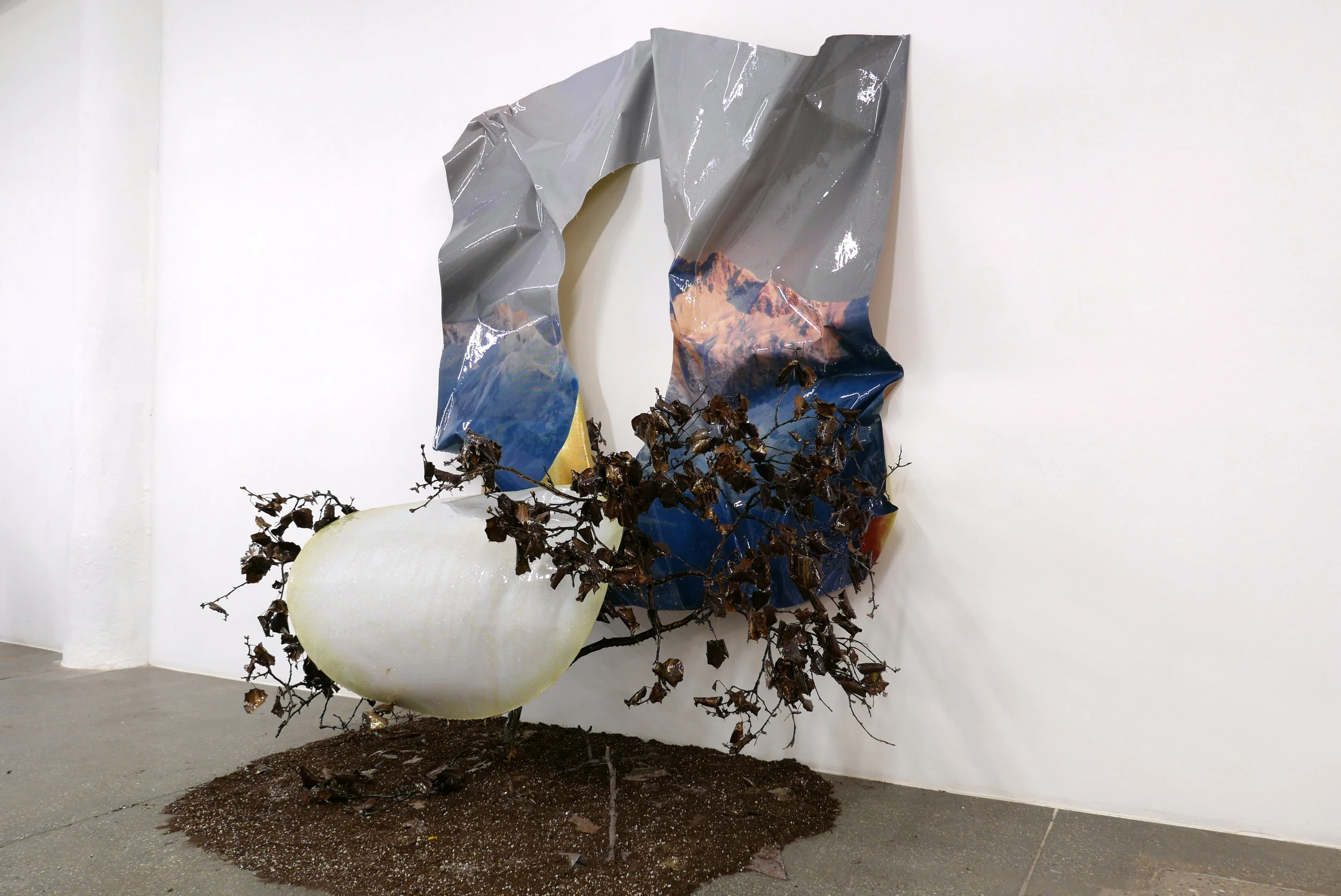   Closed Time-Like Curves,  2018  Epson UltraChrome Ink, Paper, Resin, Glitter, Dirt, Tree Branch 