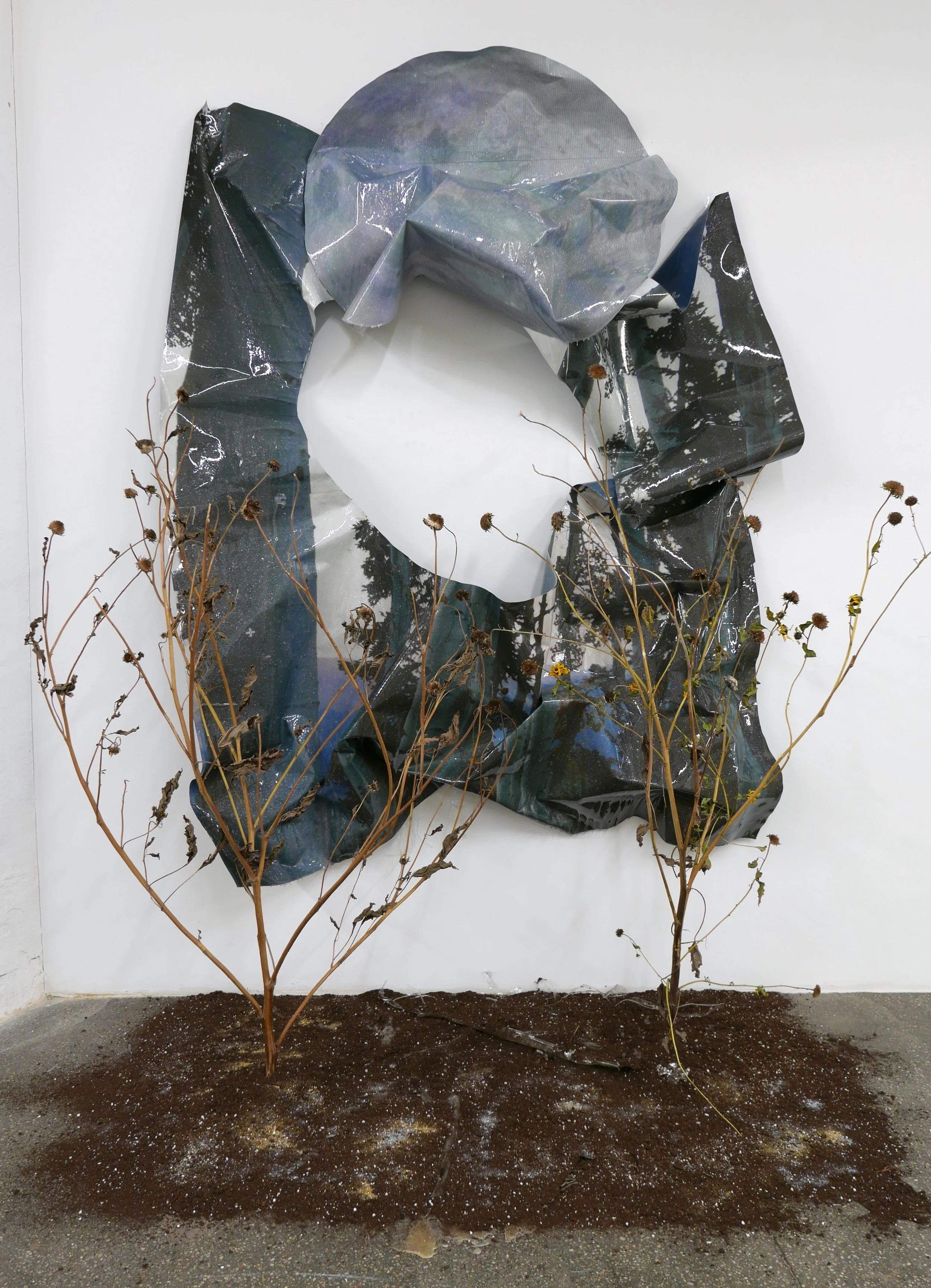   The World Or Nothing,  2018   Epson UltraChrome Ink, Paper, Resin, Glitter, Dirt, Dried Sunflower Stalks 
