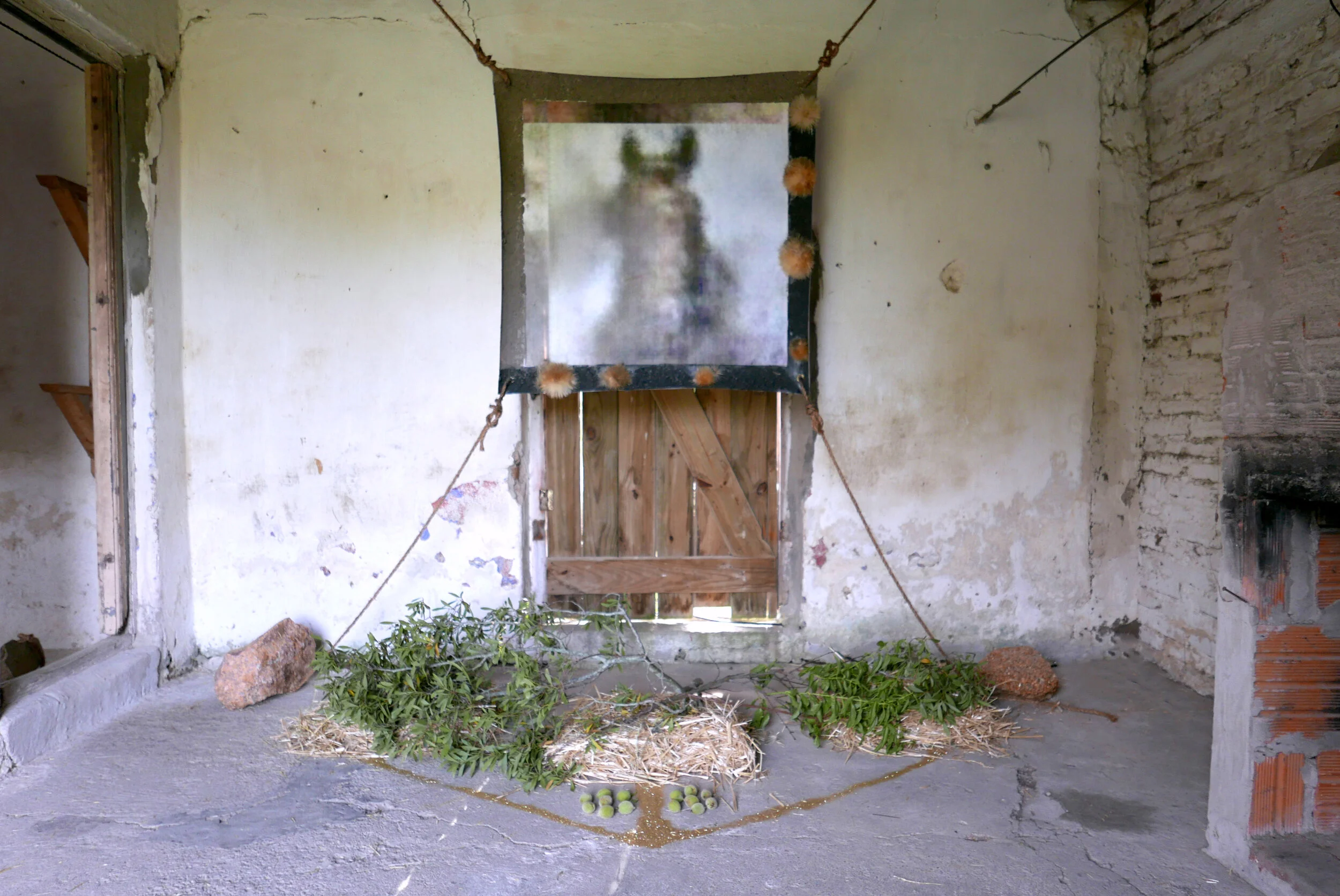   Cuartetera 01 , 2019   Dimensions Variable   Epson ultra-chrome ink, canvas, glitter, hay, ash, rope, stone, found materials     