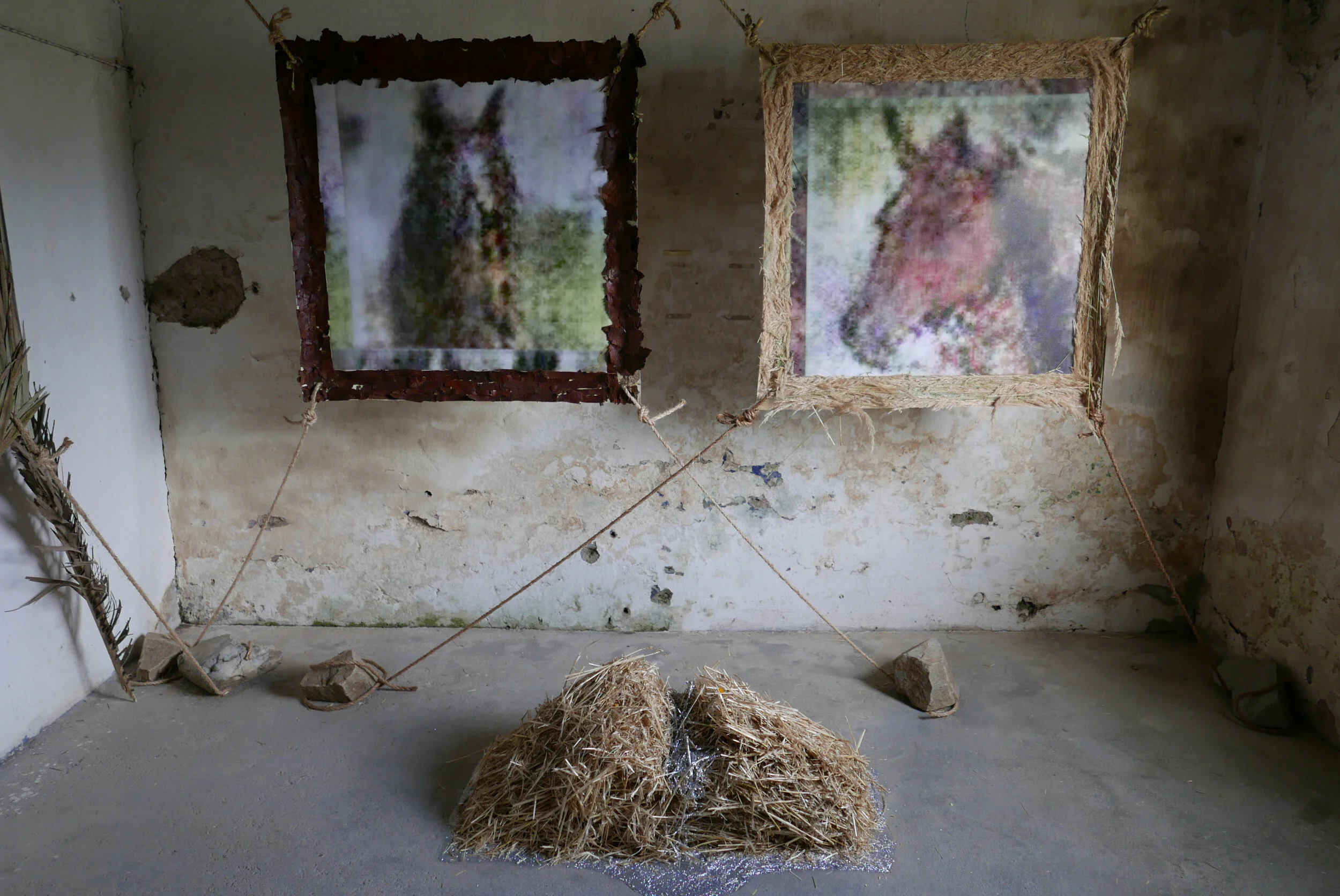   Cuartetera 03-04 , 2019   38”x38”   Epson ultra-chrome ink, canvas, bark, hay, rope, stone  