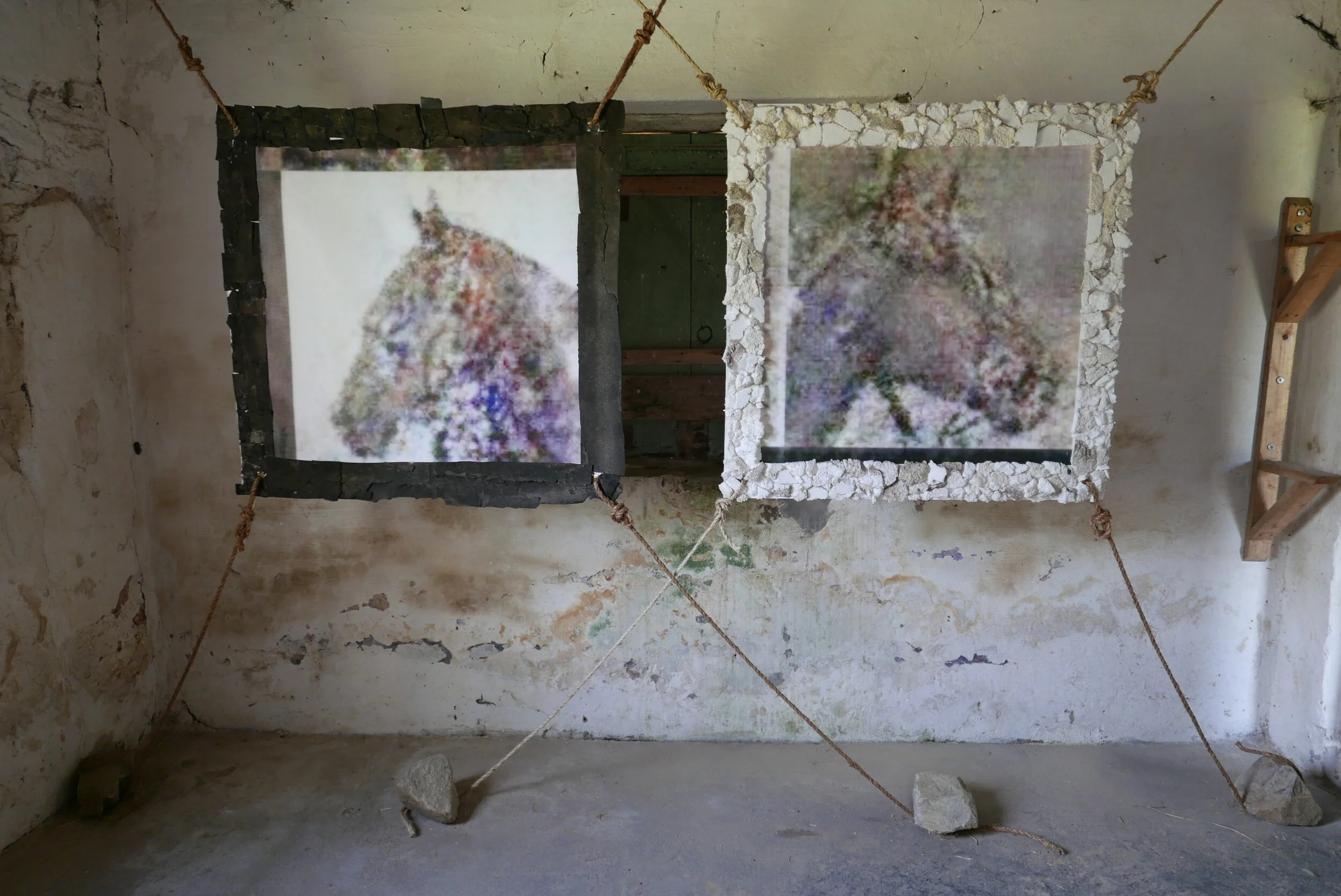   Cuartetera 05-06 , 2019  38”x38”  Epson ultra-chrome ink, canvas, rubber tire, styrofoam, rope, stone  