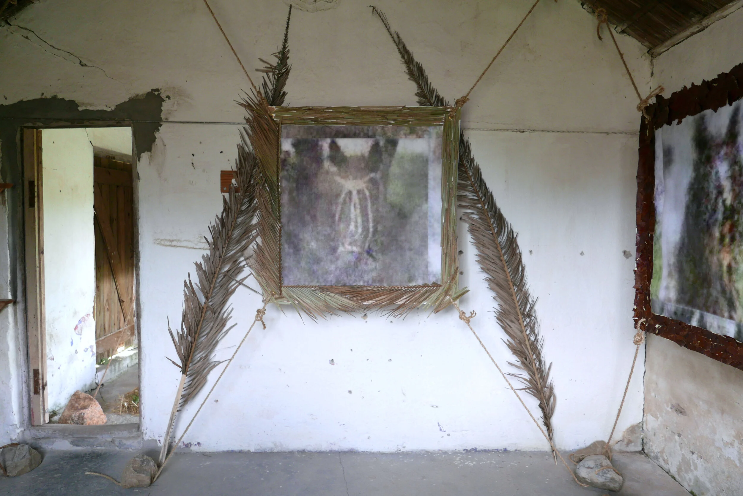   Cuartetera 02 , 2019   Dimensions Variable   Epson ultra-chrome ink, canvas, palm leaves, rope, stone  