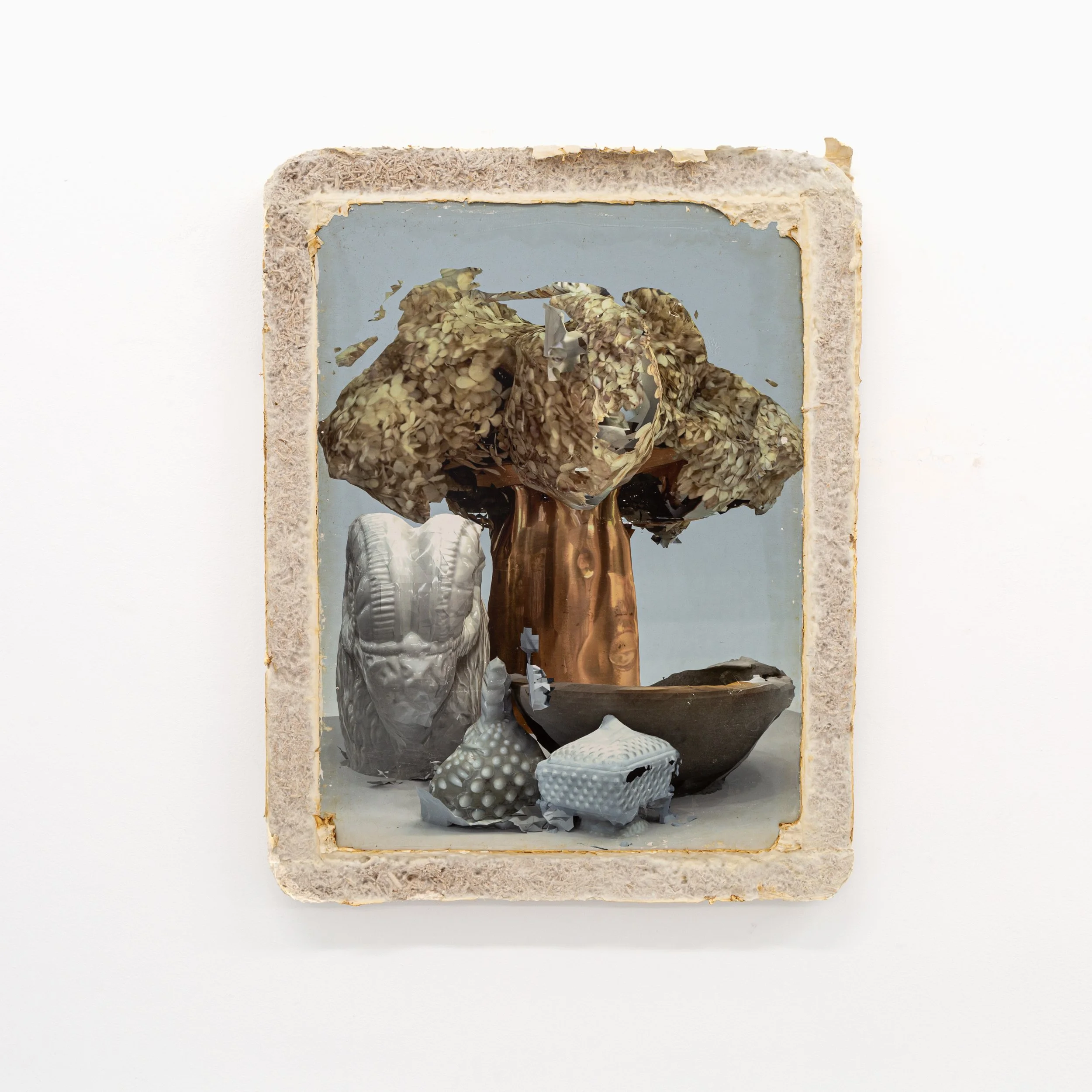   Still Life (The smell of dried leaves)   2025  Acrylic, pigment, plaster, and mycelium on panel  27.75 x 21.75 in.    