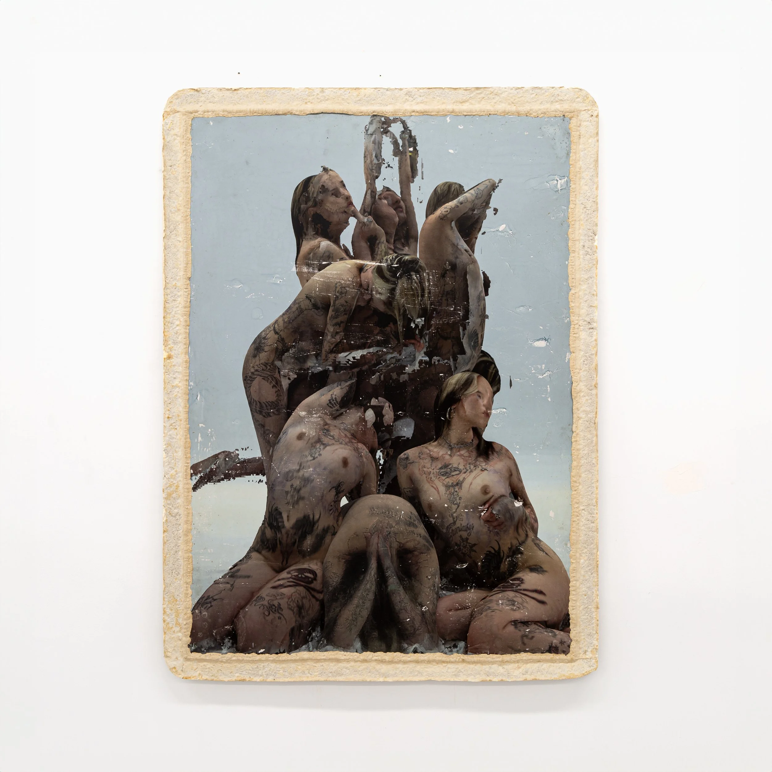   Seven Figures(To anyone reading this: may your worries grow lighter, may your heart find rest, and may peace slowly bloom inside you. You are worthy of calm, love, and joy)   2025  Acrylic, pigment, plaster, and mycelium on panel  65 x 48 in.    