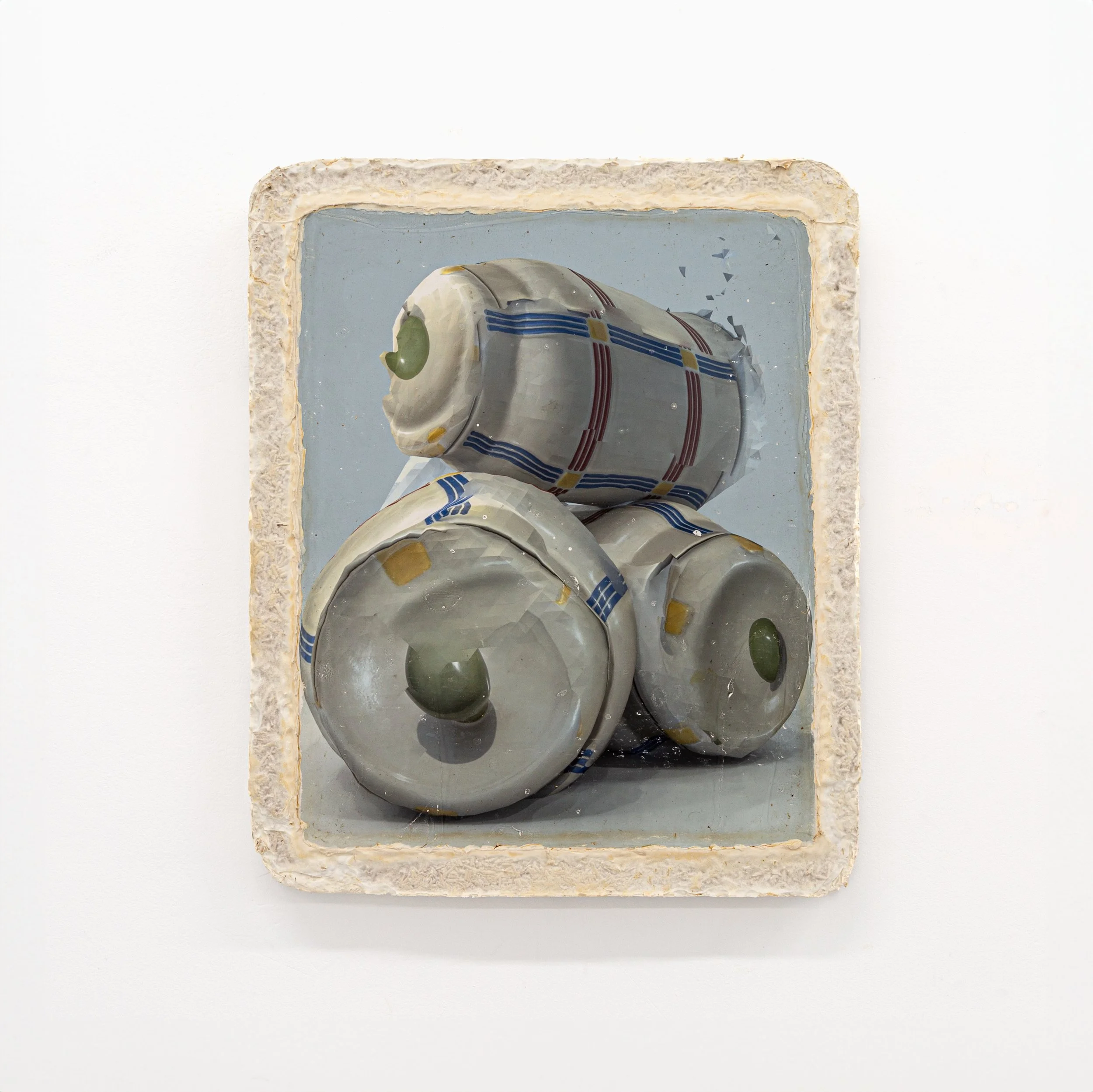   Sugar Jars (salt air, lightning bugs)   2025  Acrylic, pigment, plaster, and mycelium on panel  22.75 x 18.75 in.    