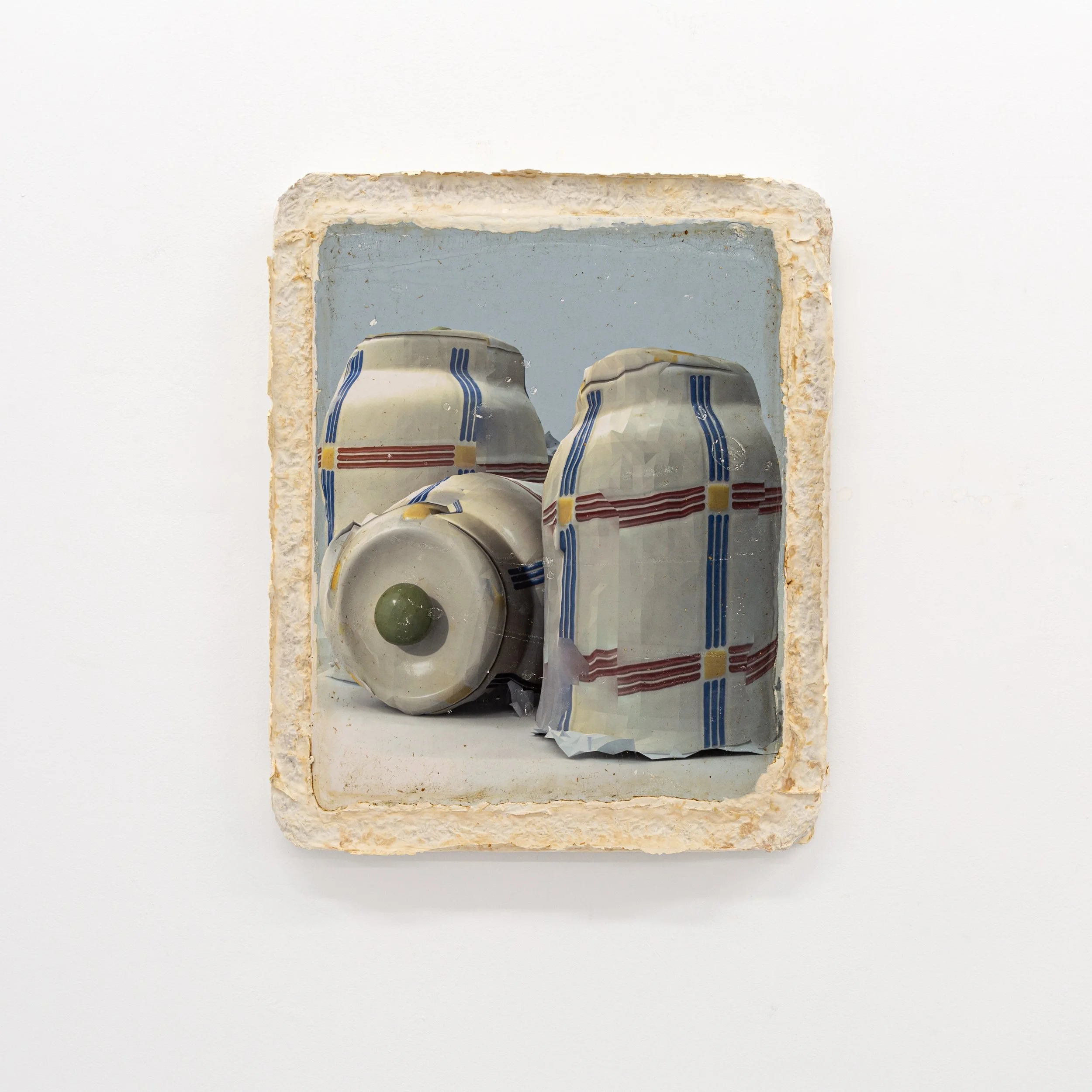   Sugar Jars(pond water, rock collection)   2025  Acrylic, pigment, plaster, and mycelium on panel  22.75 x 18.75 in.    