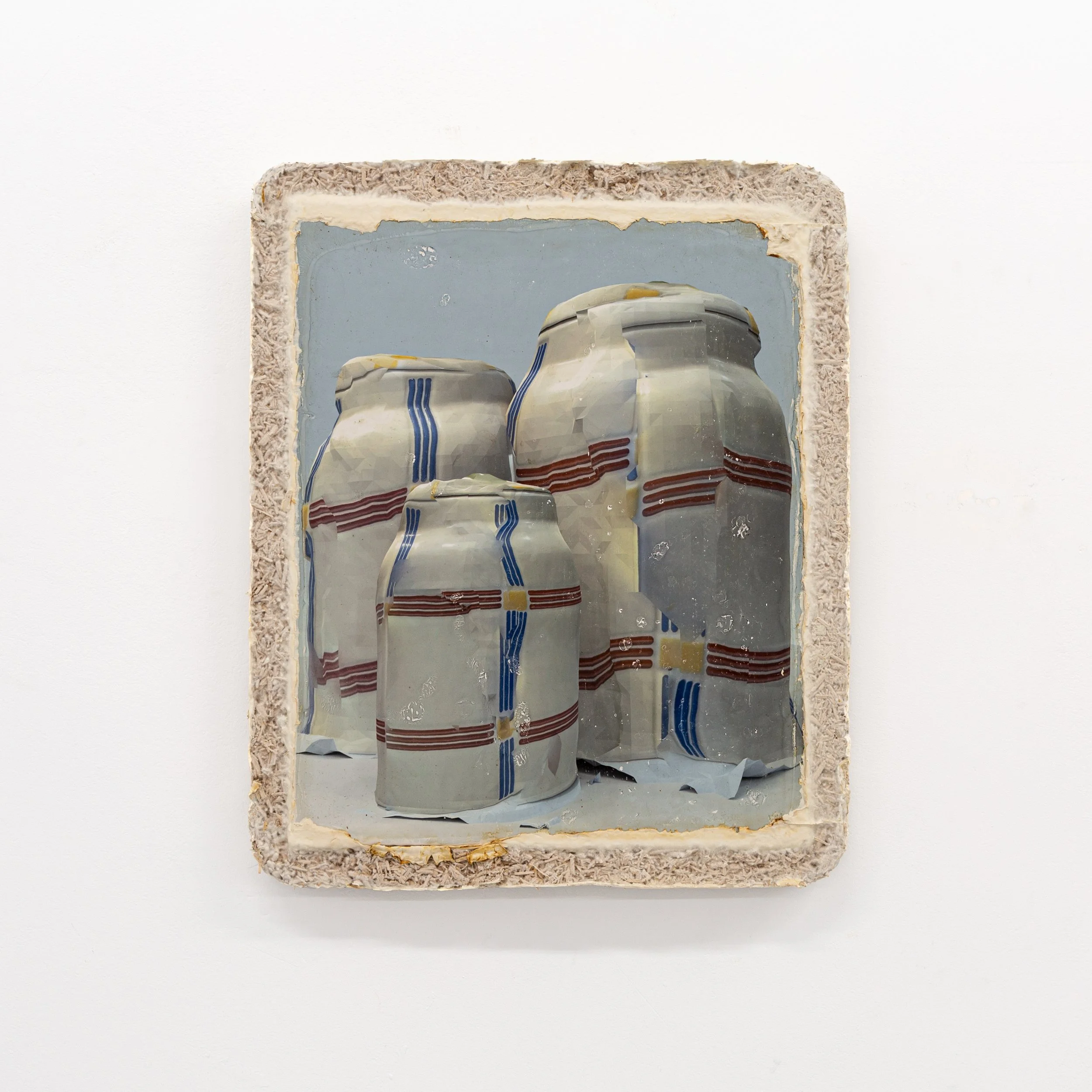   Sugar Jars (grains, saw dust)   2025  Acrylic, pigment, plaster, and mycelium on panel  22.75 x 18.75 in    