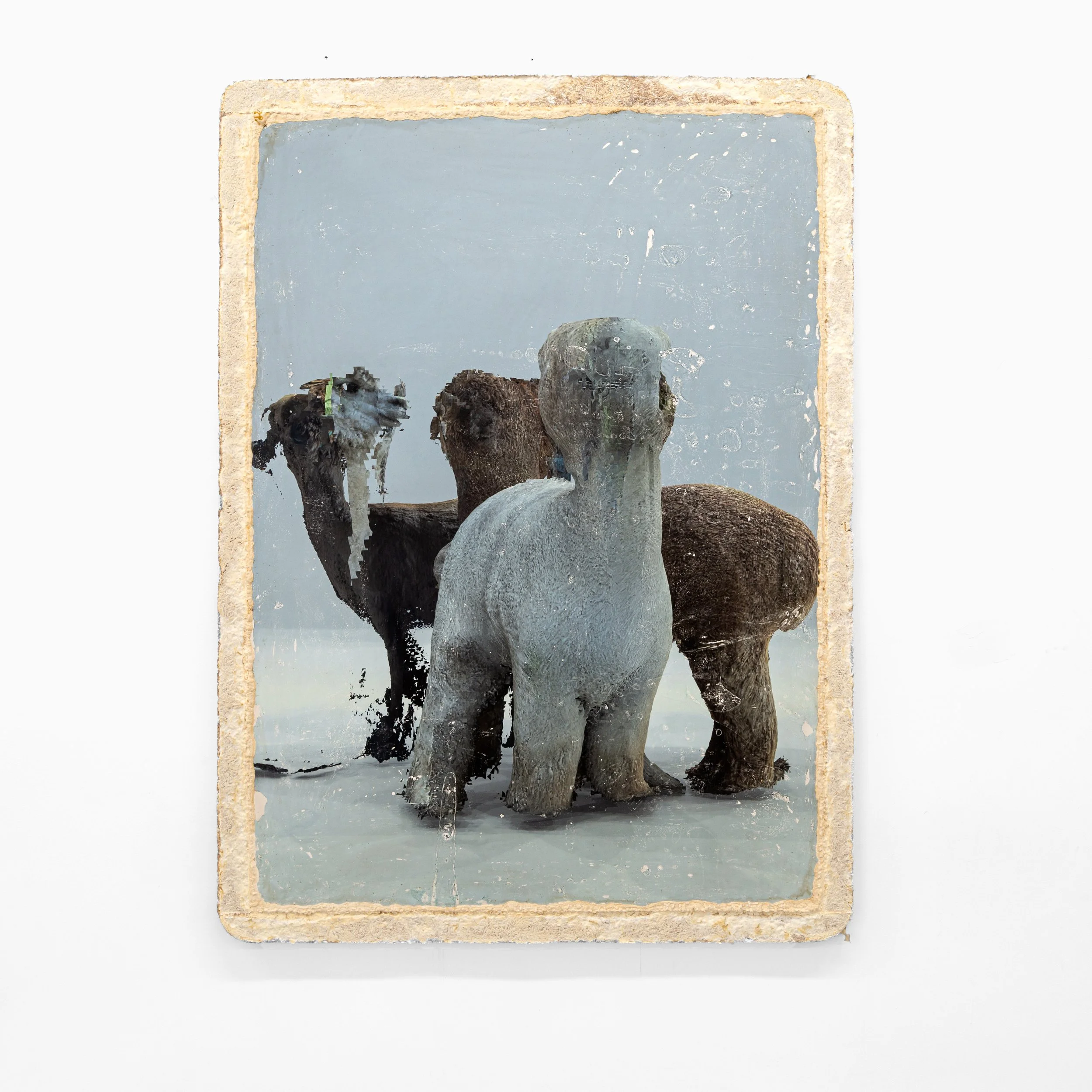   The Guardians&nbsp;   2025  Acrylic, pigment, plaster, and mycelium on panel  65 x 48 in.    